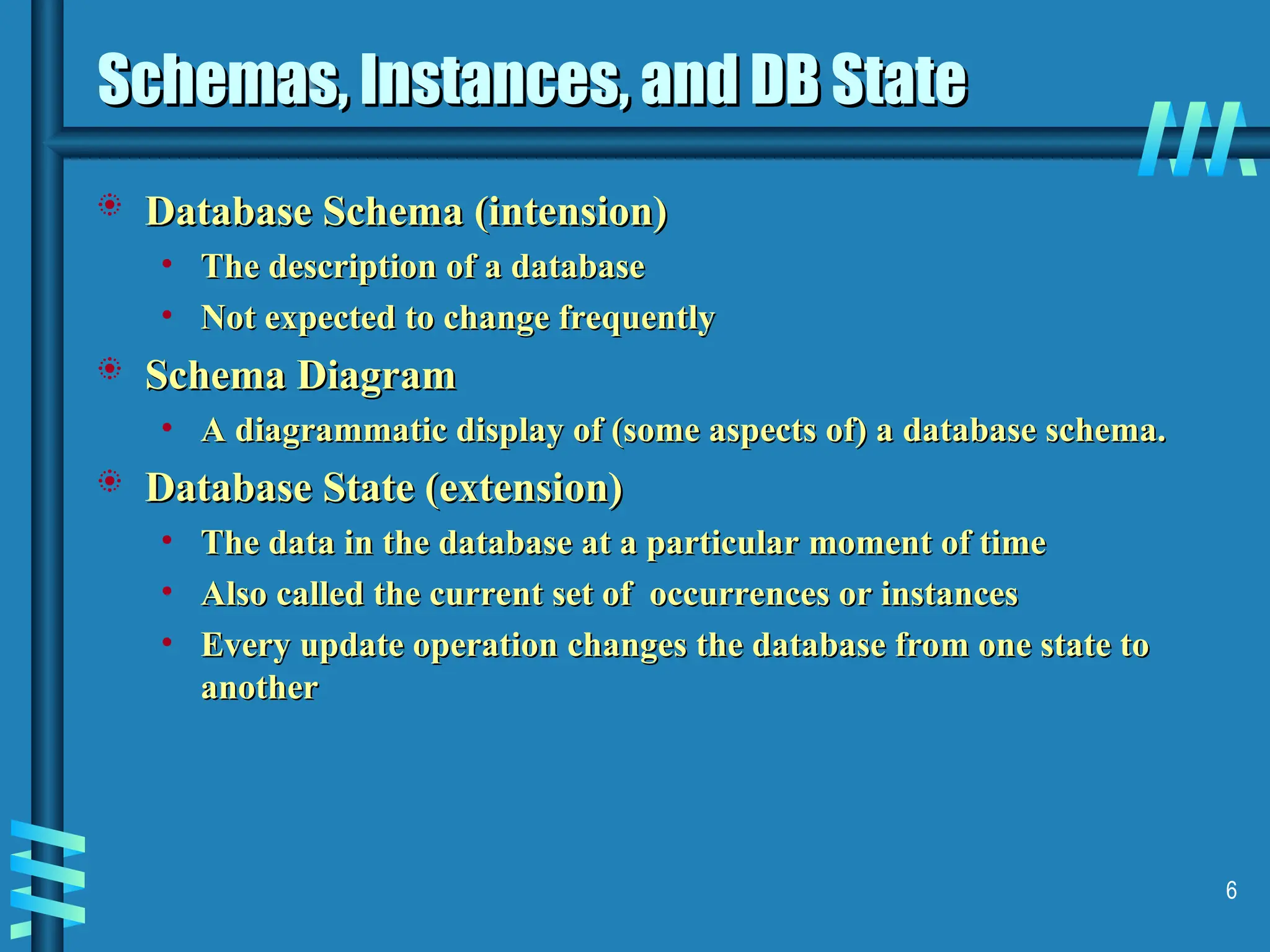 6 Schemas, Instances, and DB State Schemas, Instances, and DB State  Database Schema (intension) Database Schema (intension) • The description of a database The description of a database • Not expected to change frequently Not expected to change frequently  Schema Diagram Schema Diagram • A diagrammatic display of (some aspects of) a database schema. A diagrammatic display of (some aspects of) a database schema.  Database State (extension) Database State (extension) • The data in the database at a particular moment of time The data in the database at a particular moment of time • Also called the current set of occurrences or instances Also called the current set of occurrences or instances • Every update operation changes the database from one state to Every update operation changes the database from one state to another another 