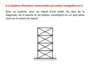 b.1) Système d’ossature contreventée par palées triangulées en X :
Dans ce système, pour un nœud d’une palée, les axes de la
diagonale, de la poutre et du poteau convergent en un seul point
situé sur le centre du nœud.
 
