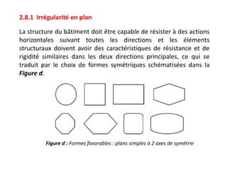 2.8.1 Irrégularité en plan
La structure du bâtiment doit être capable de résister à des actions
horizontales suivant toutes les directions et les éléments
structuraux doivent avoir des caractéristiques de résistance et de
rigidité similaires dans les deux directions principales, ce qui se
traduit par le choix de formes symétriques schématisées dans la
Figure d.
Figure d : Formes favorables : plans simples à 2 axes de symétrie
 