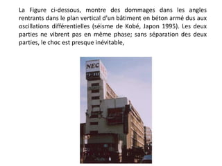 La Figure ci-dessous, montre des dommages dans les angles
rentrants dans le plan vertical d’un bâtiment en béton armé dus aux
oscillations différentielles (séisme de Kobé, Japon 1995). Les deux
parties ne vibrent pas en même phase; sans séparation des deux
parties, le choc est presque inévitable,
 