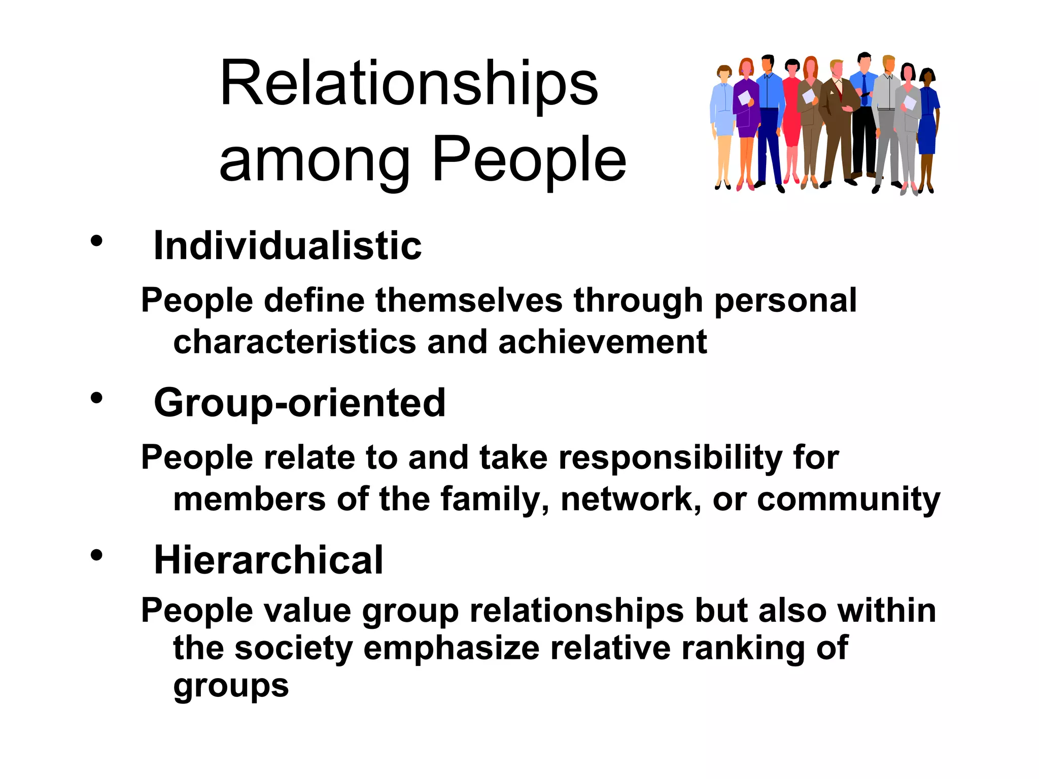 Relationships  among People Individualistic People define themselves through personal characteristics and achievement Group-oriented People relate to and take responsibility for members of the family, network, or community Hierarchical People value group relationships but also within the society emphasize relative ranking of groups 