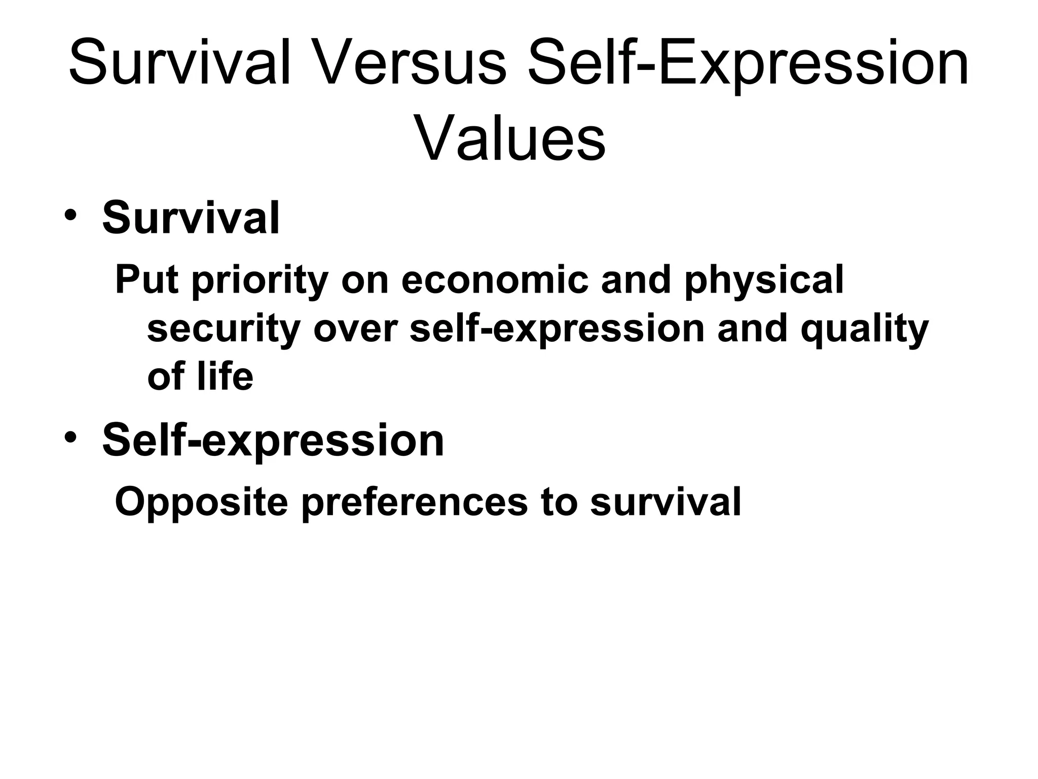 Survival Versus Self-Expression Values  Survival Put priority on economic and physical security over self-expression and quality of life  Self-expression Opposite preferences to survival 