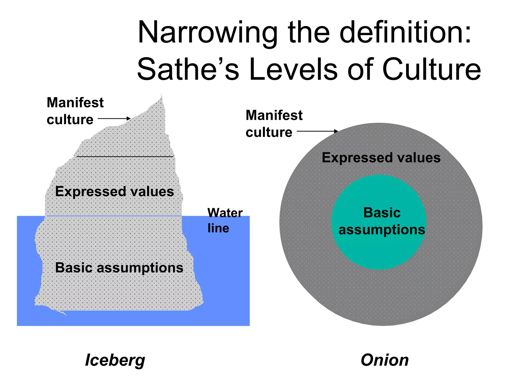 Narrowing the definition:  Sathe’s Levels of Culture Water line Basic assumptions Expressed values Manifest culture Basic assumptions Expressed   values Manifest culture Iceberg Onion 