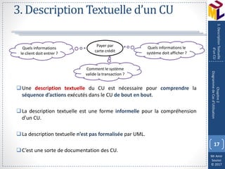 Mr Amir
Souissi
© 2017
3. Description Textuelle d’un CU
Une description textuelle du CU est nécessaire pour comprendre la
séquence d’actions exécutés dans le CU de bout en bout.
La description textuelle est une forme informelle pour la compréhension
d’un CU.
La description textuelle n’est pas formalisée par UML.
C’est une sorte de documentation des CU.
17
Chapitre2
DiagrammedeCasd’Utilisation
3.DescriptionTextuelle
d’unCU
Payer par
carte crédit
Comment le système
valide la transaction ?
Quels informations
le client doit entrer ?
Quels informations le
système doit afficher ?
 