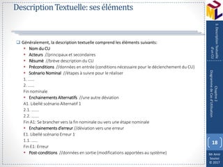 Mr Amir
Souissi
© 2017
DescriptionTextuelle:seséléments
 Généralement, la description textuelle comprend les éléments suivants:
 Nom du CU
 Acteurs //principaux et secondaires
 Résumé //brève description du CU
 Préconditions //données en entrée (conditions nécessaire pour le déclenchement du CU)
 Scénario Nominal //étapes à suivre pour le réaliser
1. ……
2. ……
Fin nominale
 Enchainements Alternatifs //une autre déviation
A1. Libellé scénario Alternatif 1
2.1. …….
2.2. …….
Fin A1: Se brancher vers la fin nominale ou vers une étape nominale
 Enchainements d’erreur //déviation vers une erreur
E1. Libellé scénario Erreur 1
1.1. ……
Fin E1: Erreur
 Post-conditions //données en sortie (modifications apportées au système)
18
Chapitre2
DiagrammedeCasd’Utilisation
3.DescriptionTextuelle
d’unCU
 