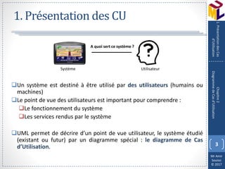 Mr Amir
Souissi
© 2017
1. Présentation des CU
Un système est destiné à être utilisé par des utilisateurs (humains ou
machines)
Le point de vue des utilisateurs est important pour comprendre :
Le fonctionnement du système
Les services rendus par le système
UML permet de décrire d’un point de vue utilisateur, le système étudié
(existant ou futur) par un diagramme spécial : le diagramme de Cas
d’Utilisation. 3
Chapitre2
DiagrammedeCasd’Utilisation
1.PrésentationdesCas
d’Utilisation
UtilisateurSystème
A quoi sert ce système ?
 