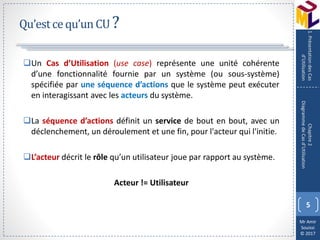 Mr Amir
Souissi
© 2017
Qu’estcequ’unCU ?
Un Cas d’Utilisation (use case) représente une unité cohérente
d’une fonctionnalité fournie par un système (ou sous-système)
spécifiée par une séquence d’actions que le système peut exécuter
en interagissant avec les acteurs du système.
La séquence d’actions définit un service de bout en bout, avec un
déclenchement, un déroulement et une fin, pour l'acteur qui l'initie.
L’acteur décrit le rôle qu’un utilisateur joue par rapport au système.
Acteur != Utilisateur
5
Chapitre2
DiagrammedeCasd’Utilisation
1.PrésentationdesCas
d’Utilisation
 