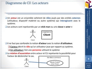 Mr Amir
Souissi
© 2017
DiagrammedeCU:Lesacteurs
Un acteur est un ensemble cohérent de rôles joués par des entités externes
(utilisateur, dispositif matériel ou autre système) qui interagissent avec le
système.
Les acteurs sont représentés par un stick man ou une classe « actor »
Il ne faut pas confondre la notion d’acteur avec la notion d’utilisateur.
L’acteur décrit le rôle qu’un utilisateur joue par rapport au système.
Un utilisateur c’est une personne utilisant le système
La relation d’association entre acteur et CU représente la possibilité pour
l’acteur de déclencher le cas.
9
Chapitre2
DiagrammedeCasd’Utilisation
2.ElémentsConstituants
unDiagrammedeCU
Site Web e-commerce
Ajouter Produit
à Son Panier
 