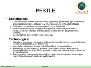 Sociological: Cultural aspects, health consciousness, population growth rate, age distribution,  Organizational culture, attitudes to work, management style, staff attitudes Education, occupations, earning capacity, living standards  Ethical issues, diversity, immigration/emigration, ethnic/religious factors Media views, law changes affecting social factors, trends, advertisements, publicity Demographics: age, gender, race, family size Technological: Maturity of technology, competing technological developments, research funding, technology legislation, new discoveries Information technology, internet, global and local communications  Technology access, licensing, patents, potential innovation, replacement technology/solutions, inventions, research, intellectual property issues, advances in manufacturing Transportation, energy uses/sources/fuels, associated/dependent technologies, rates of obsolescence, waste removal/recycling PESTLE 