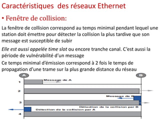 Caractéristiques des réseaux Ethernet
• Fenêtre de collision:
La fenêtre de collision correspond au temps minimal pendant lequel une
station doit émettre pour détecter la collision la plus tardive que son
message est susceptible de subir
Elle est aussi appelée time slot ou encore tranche canal. C’est aussi la
période de vulnérabilité d’un message
Ce temps minimal d’émission correspond à 2 fois le temps de
propagation d’une trame sur la plus grande distance du réseau
 