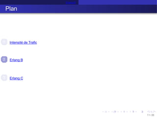 Erlang B
Plan
1 Intensité de Trafic
2 Erlang B
3
11 /26
Erlang C
 