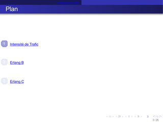 Intensité de Trafic
Plan
1 Intensité de Trafic
2 Erlang B
3
3 /26
Erlang C
 