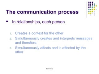 The communication process
        In relationships, each person

    1.    Creates a context for the other
    2.    Simultaneously creates and interprets messages
          and therefore,
    3.    Simultaneously affects and is affected by the
          other



                            Tami Davis
 