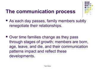 The communication process
 Aseach day passes, family members subtly
 renegotiate their relationships.

 Over time families change as they pass
 through stages of growth; members are born,
 age, leave, and die, and their communication
 patterns impact and reflect these
 developments.

                    Tami Davis
 