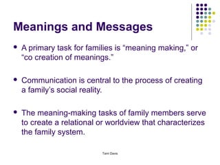 Meanings and Messages
   A primary task for families is “meaning making,” or
    “co creation of meanings.”

   Communication is central to the process of creating
    a family’s social reality.

   The meaning-making tasks of family members serve
    to create a relational or worldview that characterizes
    the family system.

                           Tami Davis
 