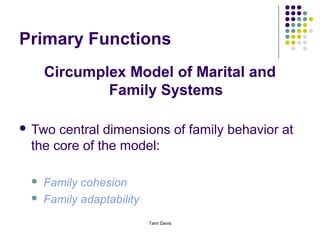 Primary Functions
     Circumplex Model of Marital and
             Family Systems

 Two central dimensions of family behavior at
 the core of the model:

    Family cohesion
    Family adaptability
                           Tami Davis
 