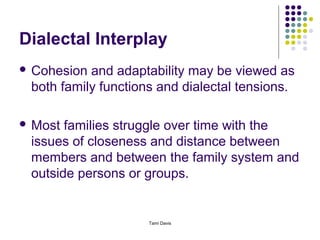 Dialectal Interplay
 Cohesion and adaptability may be viewed as
 both family functions and dialectal tensions.

 Most families struggle over time with the
 issues of closeness and distance between
 members and between the family system and
 outside persons or groups.


                     Tami Davis
 