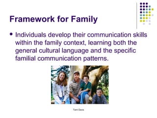 Framework for Family
 Individuals develop their communication skills
  within the family context, learning both the
  general cultural language and the specific
  familial communication patterns.




                      Tami Davis
 