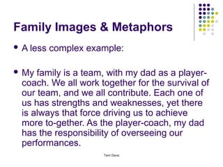 Family Images & Metaphors
A   less complex example:

 My family is a team, with my dad as a player-
 coach. We all work together for the survival of
 our team, and we all contribute. Each one of
 us has strengths and weaknesses, yet there
 is always that force driving us to achieve
 more to-gether. As the player-coach, my dad
 has the responsibility of overseeing our
 performances.
                     Tami Davis
 