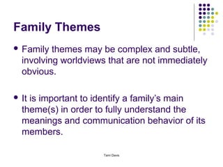 Family Themes
 Family  themes may be complex and subtle,
  involving worldviews that are not immediately
  obvious.

 Itis important to identify a family’s main
  theme(s) in order to fully understand the
  meanings and communication behavior of its
  members.

                     Tami Davis
 