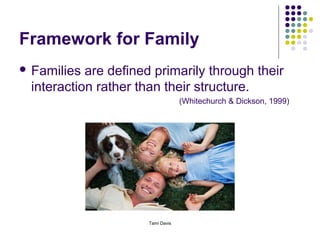 Framework for Family
 Families are defined primarily through their
 interaction rather than their structure.
                                  (Whitechurch & Dickson, 1999)




                     Tami Davis
 