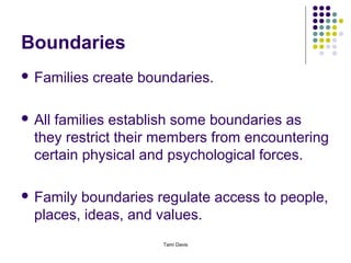 Boundaries
 Families   create boundaries.

 Allfamilies establish some boundaries as
  they restrict their members from encountering
  certain physical and psychological forces.

 Family boundaries regulate access to people,
  places, ideas, and values.
                       Tami Davis
 