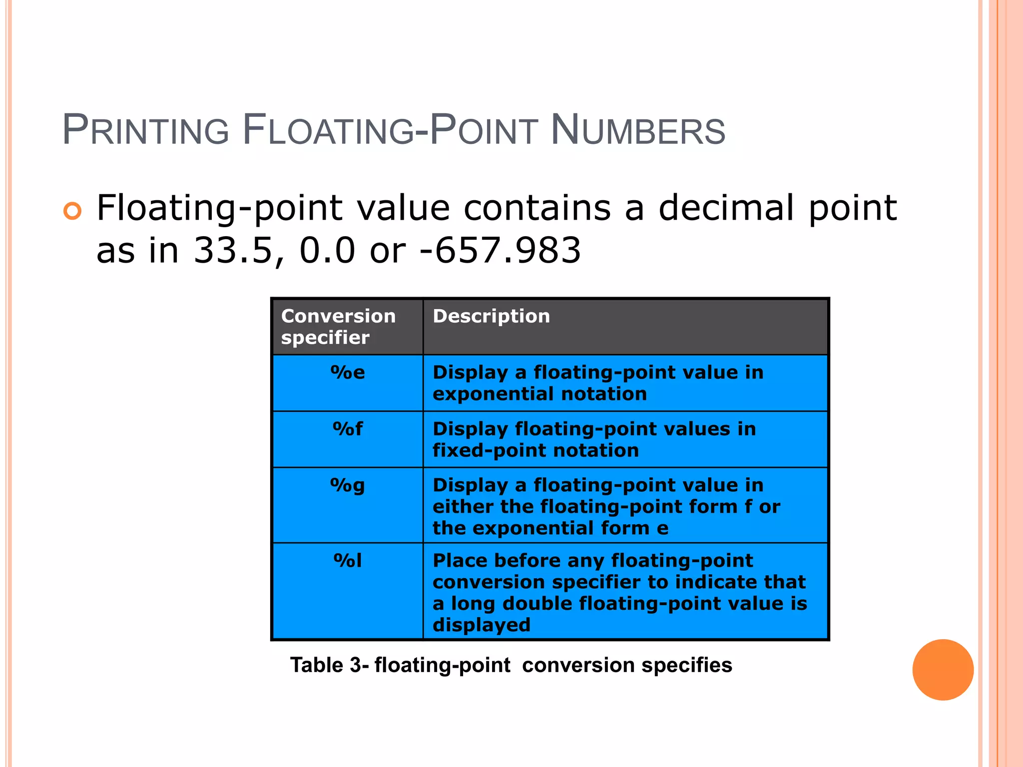 41Format Output (cont..)formatString formatting%<spaces> schar ayat[] =“KUITTHO PARIT RAJA”printf(“%s”,ayat);printf(“%4s”,ayat);printf(“%22s”,ayat);printf(“%.7s”,ayat);printf(“%-20.13s”,ayat);outputKUITTHO PARIT RAJAKUITTHO PARIT RAJA_ _ _ _KUITTHO PARIT RAJAKUITTHOKUITTHO PARIT_ _ _ _ _ _ _