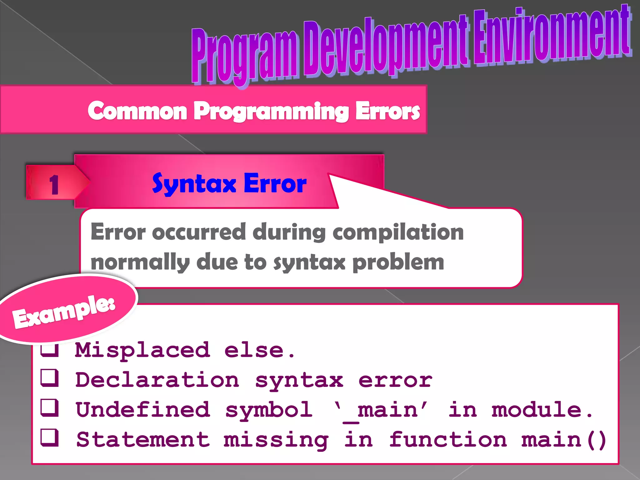Program Development Environment5. LoadingBefore a program can be executed, the program must first	be placed in memory.Loader takes the stored program from disk and puts in	memory.Additional components from shared libraries that support	the program are also loaded.