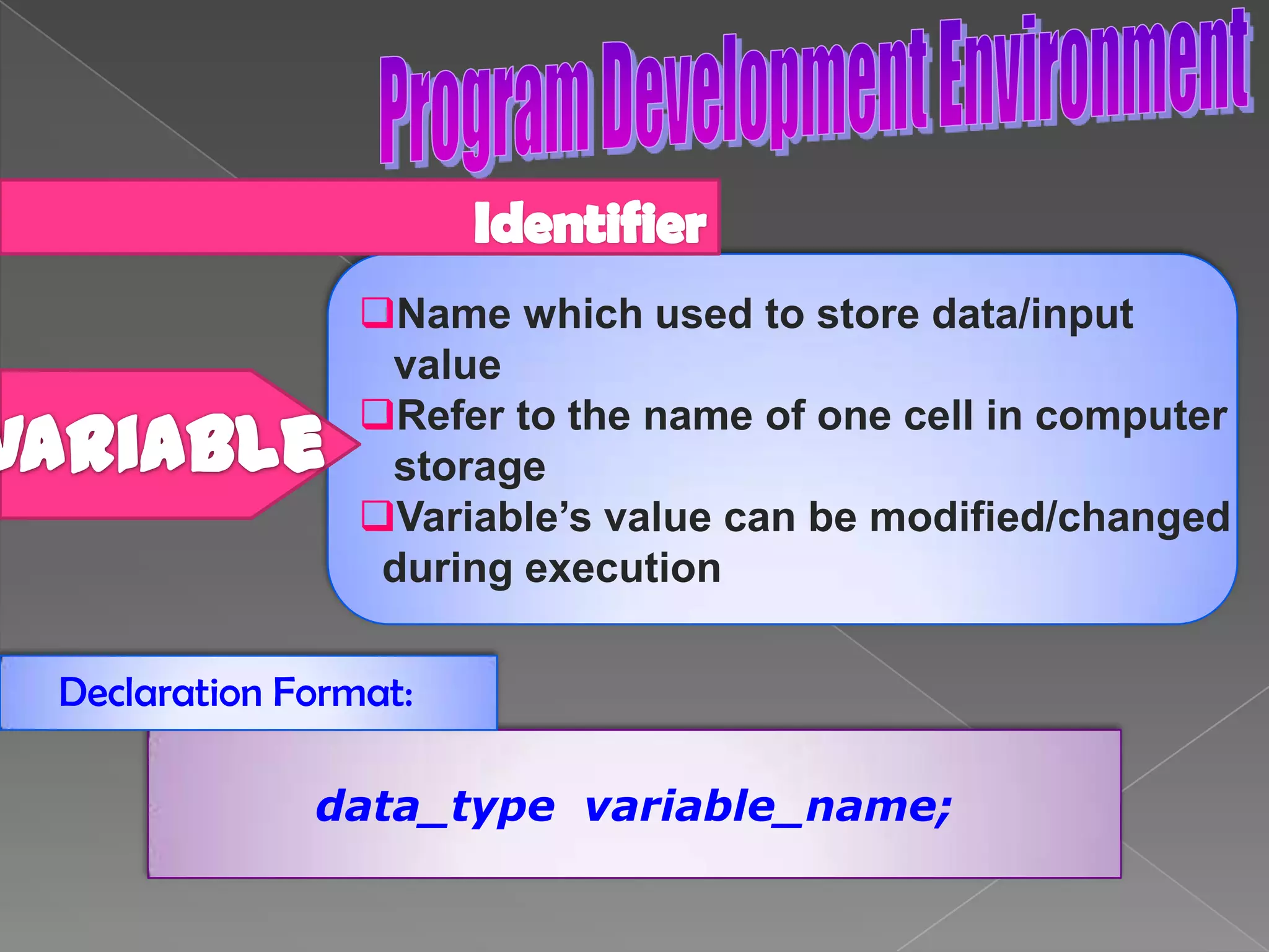 Differs in terms of colour : greyTo increaseprogram readabilityTo documenta programFunctionAs a futurereferencesTo provide additionalinformation