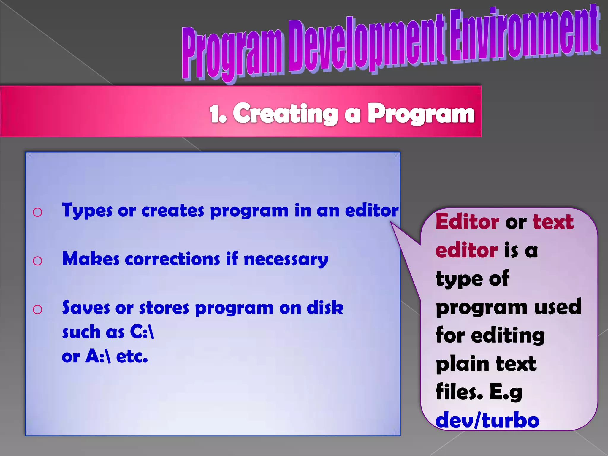 Program Development EnvironmentTypical program development environment consist of six phases to be executed.Edit/WritePreprocessCompileLinkLoadExecute