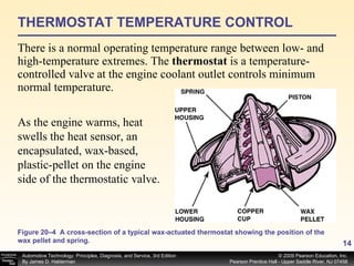 THERMOSTAT TEMPERATURE CONTROL There is a normal operating temperature range between low- and high-temperature extremes. The  thermostat  is a temperature- controlled valve at the engine coolant outlet controls minimum normal temperature. Figure 20–4  A cross-section of a typical wax-actuated thermostat showing the position of the wax pellet and spring. As the engine warms, heat swells the heat sensor, an encapsulated, wax-based, plastic-pellet on the engine side of the thermostatic valve. 