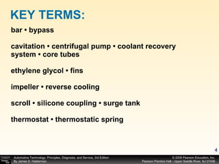 bar • bypass cavitation • centrifugal pump • coolant recovery system • core tubes ethylene glycol • fins impeller • reverse cooling scroll • silicone coupling • surge tank thermostat • thermostatic spring KEY TERMS: 