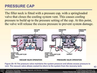 PRESSURE CAP The filler neck is fitted with a pressure cap, with a springloaded valve that closes the cooling system vent. This causes cooling pressure to build up to the pressure setting of the cap. At this point, the valve will release the excess pressure to prevent system damage. Figure 20–18 The pressure valve maintains the system pressure and allows excess pressure to vent. The vacuum valve allows coolant to return to the system from the recovery tank. 
