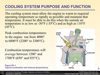 Figure 20–1 Typical combustion and exhaust temperatures. The cooling system must allow the engine to warm to required operating temperature as rapidly as possible and maintain that temperature. It must be able to do this when the outside air temperature is as low as -30°F (-35°C) and as high as 110°F (45°C).  COOLING SYSTEM PURPOSE AND FUNCTION Peak combustion temperatures in the engine  run from 4000° to 6000°F (2200° to 3300°C).  Combustion temperatures will  average  between 1200° and 1700°F (650° and 925°C). 