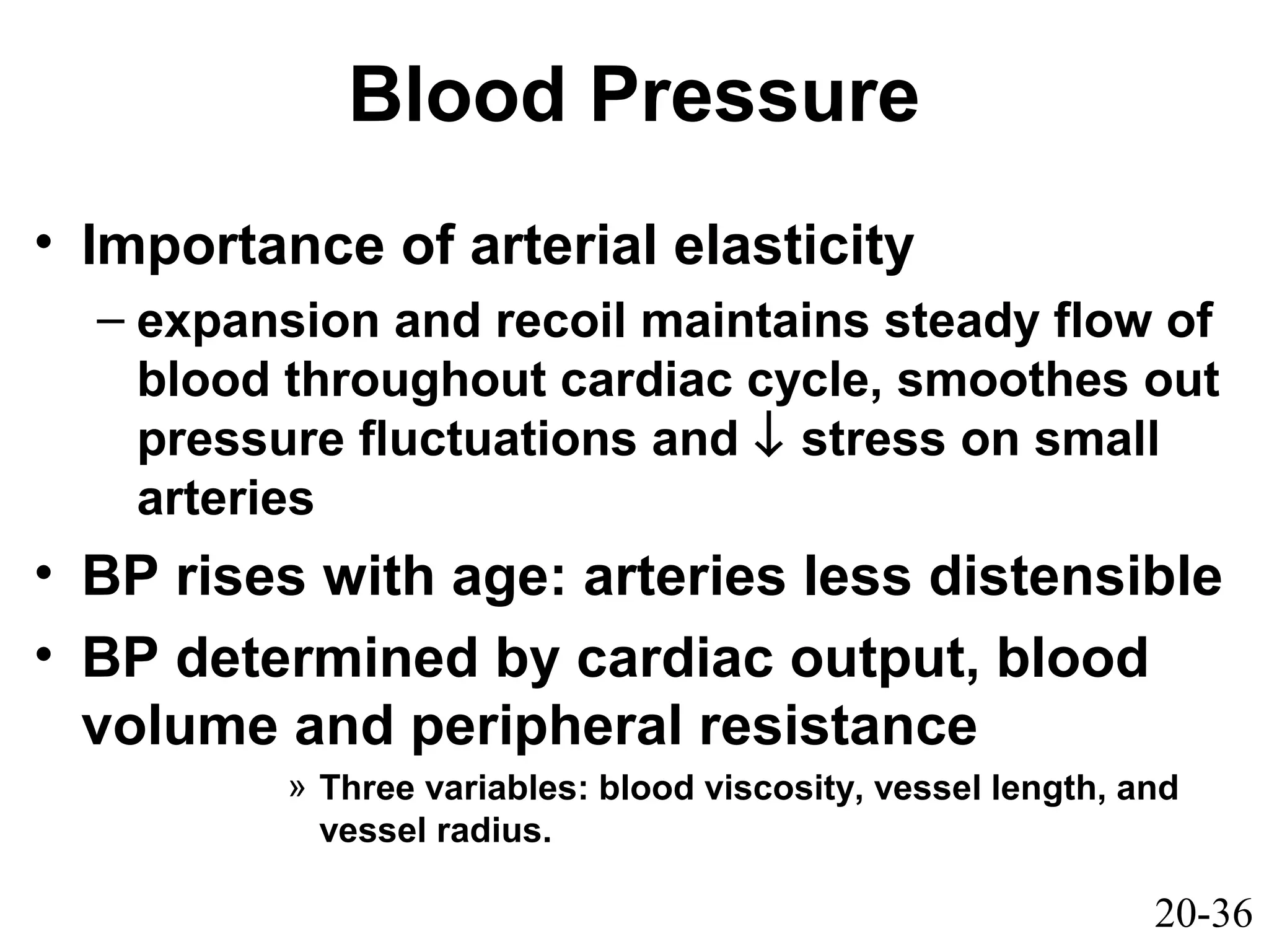 20-36
Blood Pressure
• Importance of arterial elasticity
– expansion and recoil maintains steady flow of
blood throughout cardiac cycle, smoothes out
pressure fluctuations and ↓ stress on small
arteries
• BP rises with age: arteries less distensible
• BP determined by cardiac output, blood
volume and peripheral resistance
» Three variables: blood viscosity, vessel length, and
vessel radius.
 