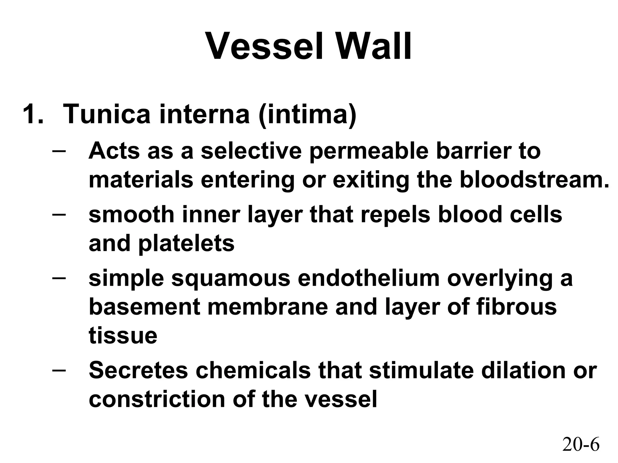 20-6
Vessel Wall
1. Tunica interna (intima)
– Acts as a selective permeable barrier to
materials entering or exiting the bloodstream.
– smooth inner layer that repels blood cells
and platelets
– simple squamous endothelium overlying a
basement membrane and layer of fibrous
tissue
– Secretes chemicals that stimulate dilation or
constriction of the vessel
 