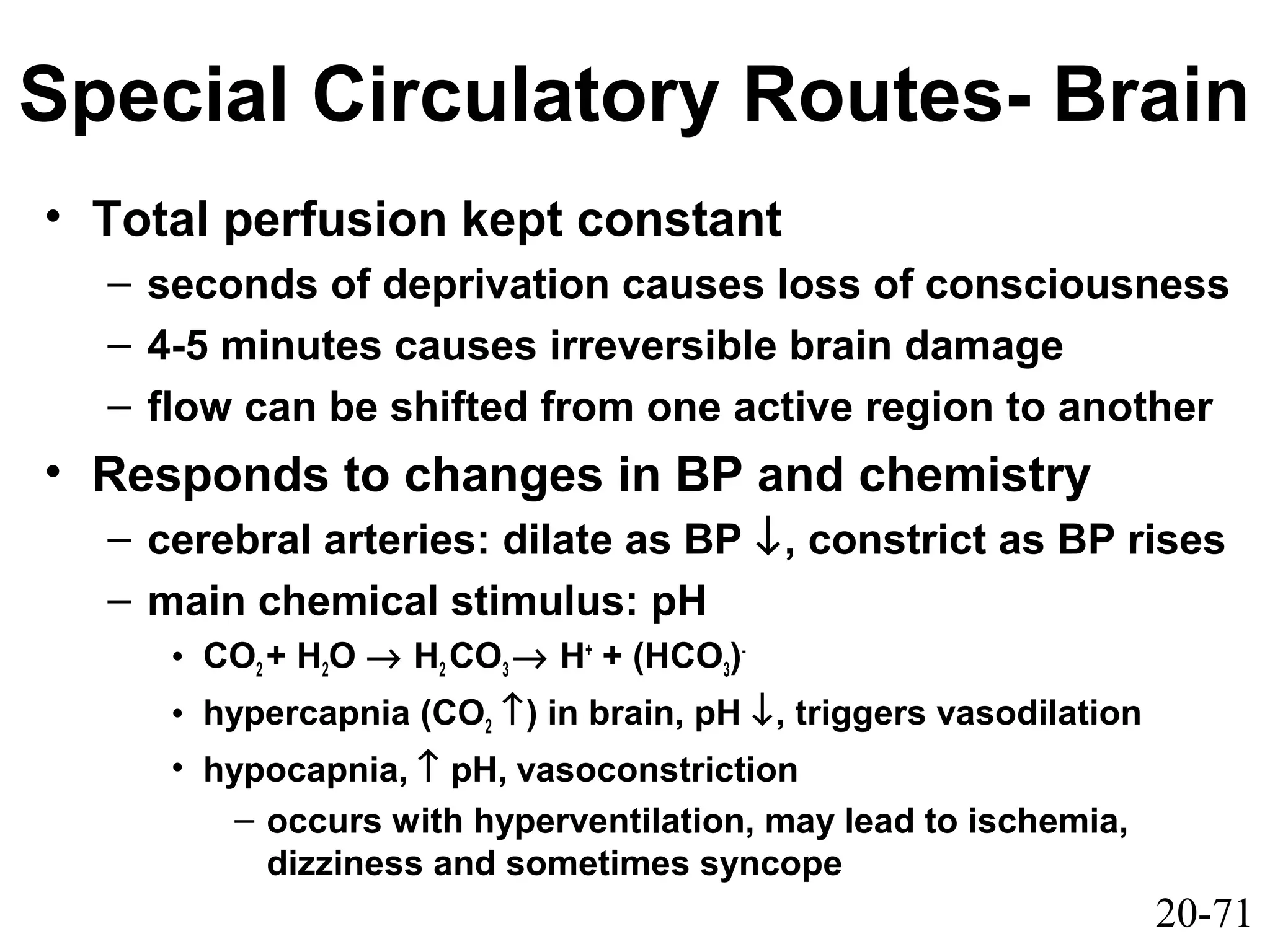 20-71
Special Circulatory Routes- Brain
• Total perfusion kept constant
– seconds of deprivation causes loss of consciousness
– 4-5 minutes causes irreversible brain damage
– flow can be shifted from one active region to another
• Responds to changes in BP and chemistry
– cerebral arteries: dilate as BP ↓, constrict as BP rises
– main chemical stimulus: pH
• CO2 + H2O → H2 CO3 → H+
+ (HCO3)-
• hypercapnia (CO2 ↑) in brain, pH ↓, triggers vasodilation
• hypocapnia, ↑ pH, vasoconstriction
– occurs with hyperventilation, may lead to ischemia,
dizziness and sometimes syncope
 