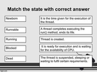 Match the state with correct answer
Newborn
Thread is created.
Runnable
It is ready for execution and is waiting
for the availability of CPU.
Running
It is the time given for the execution of
the thread.
Blocked
The thread is suspended, sleeping or
waiting to fulfil certain requirements.
Dead
A thread completes executing the
run() method, ends its life.
 