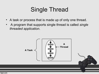 Single Thread
• A task or process that is made up of only one thread.
• A program that supports single thread is called single
threaded application.
 