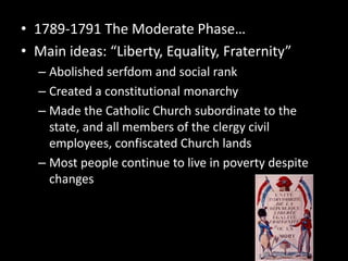 1789-1791 The Moderate Phase…Main ideas: “Liberty, Equality, Fraternity”Abolished serfdom and social rankCreated a constitutional monarchyMade the Catholic Church subordinate to the state, and all members of the clergy civil employees, confiscated Church landsMost people continue to live in poverty despite changes