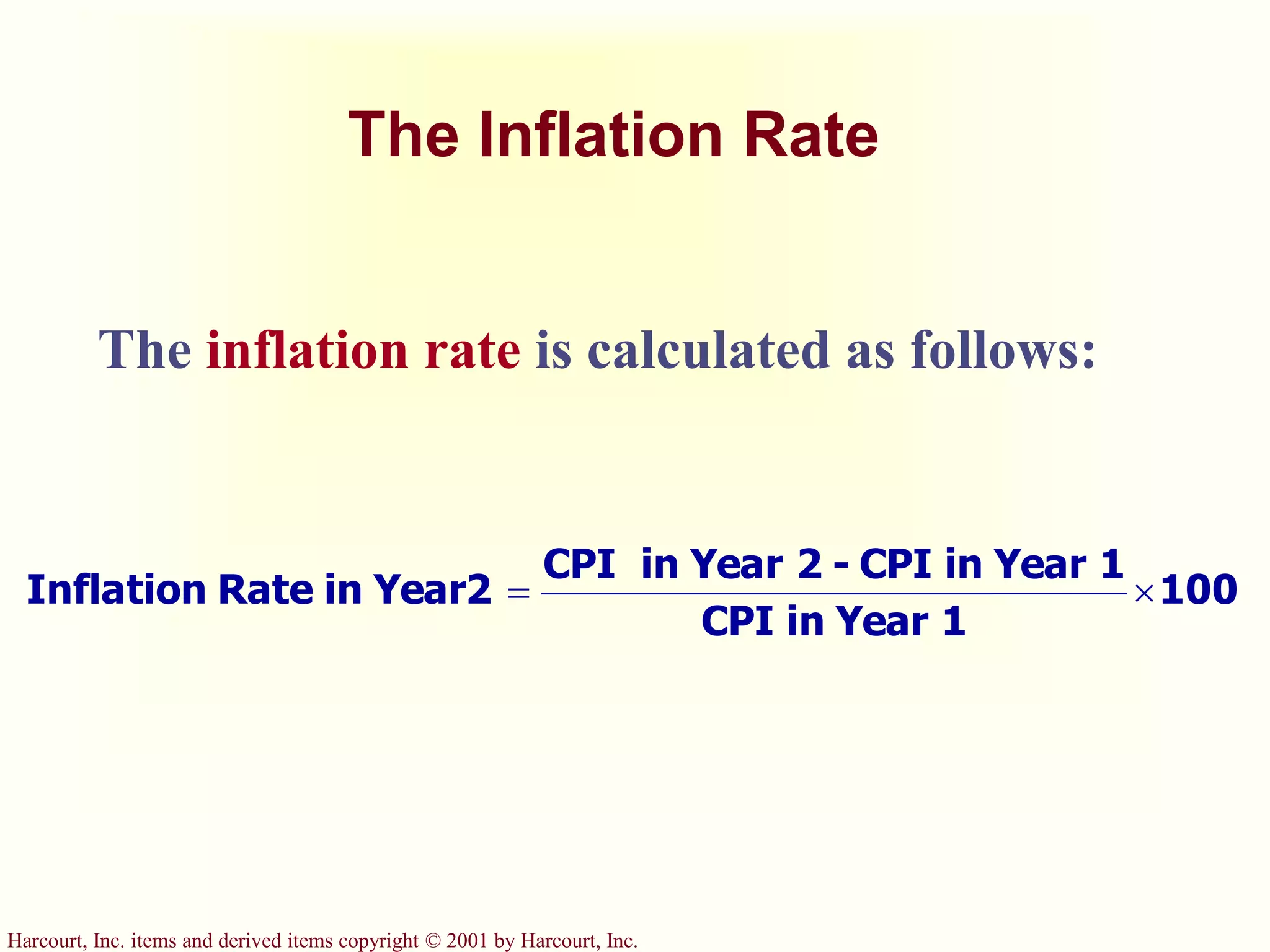 Harcourt, Inc. items and derived items copyright © 2001 by Harcourt, Inc.
The Inflation Rate
100
1
Year
in
CPI
1
Year
in
CPI
-
2
Year
in
CPI
Year2
in
Rate
Inflation 

The inflation rate is calculated as follows:
 