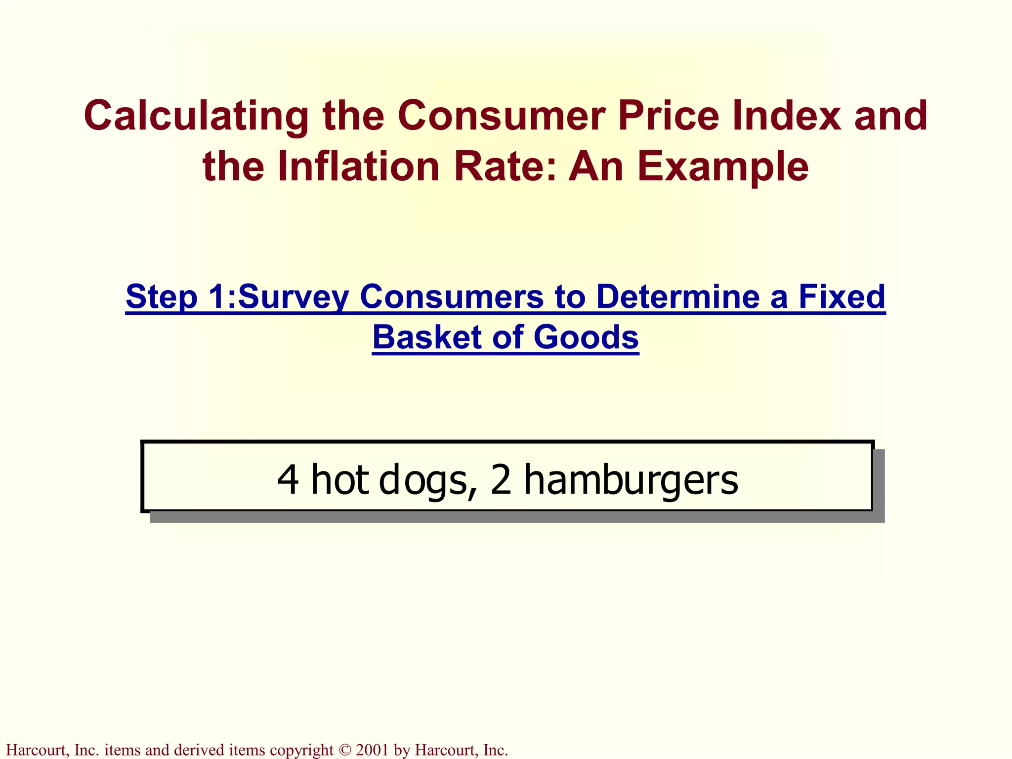 Harcourt, Inc. items and derived items copyright © 2001 by Harcourt, Inc.
Calculating the Consumer Price Index and
the Inflation Rate: An Example
Step 1:Survey Consumers to Determine a Fixed
Basket of Goods
4 hot dogs, 2 hamburgers
 
