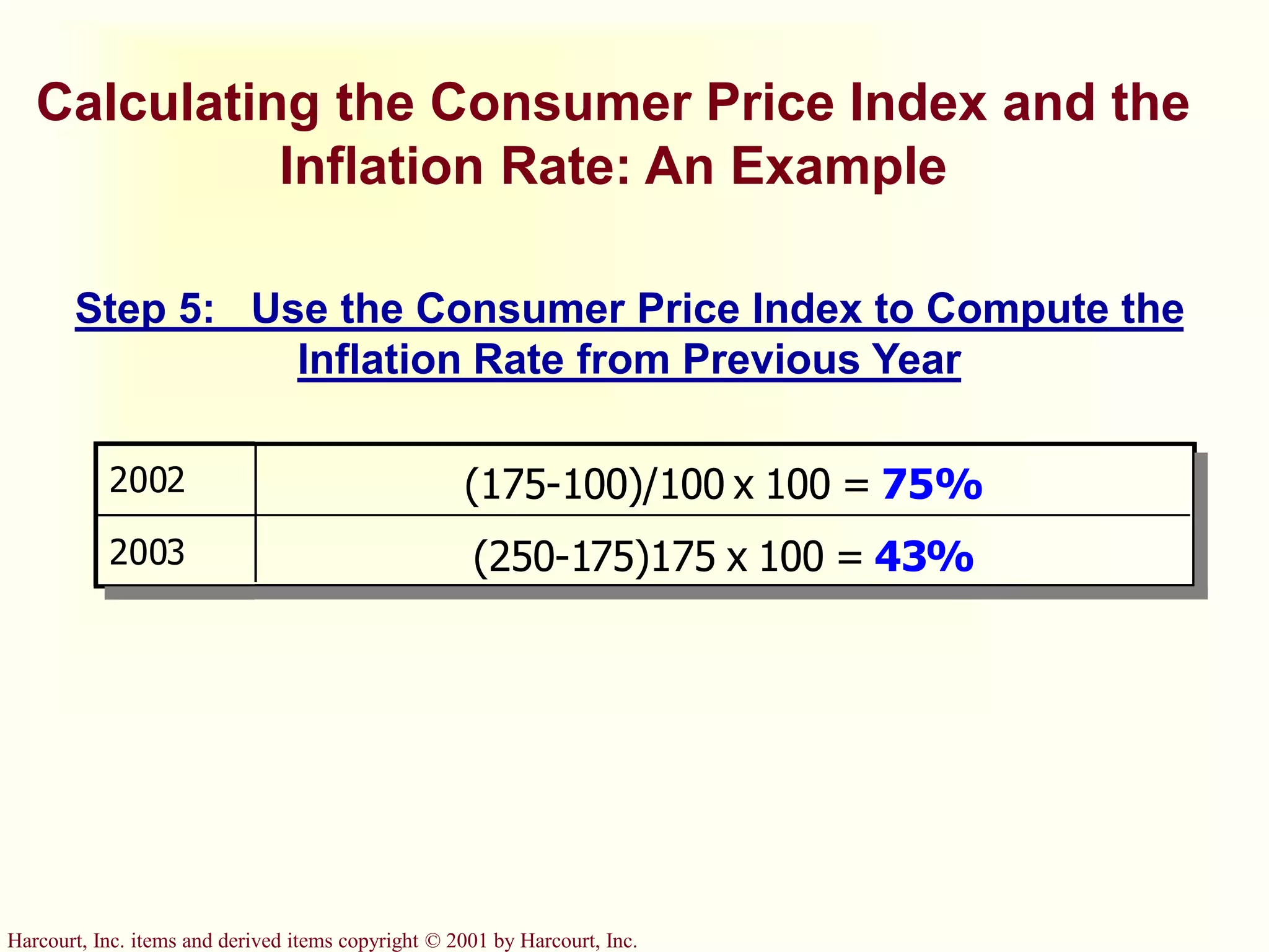Harcourt, Inc. items and derived items copyright © 2001 by Harcourt, Inc.
Calculating the Consumer Price Index and the
Inflation Rate: An Example
2002 (175-100)/100 x 100 = 75%
2003 (250-175)175 x 100 = 43%
Step 5: Use the Consumer Price Index to Compute the
Inflation Rate from Previous Year
 