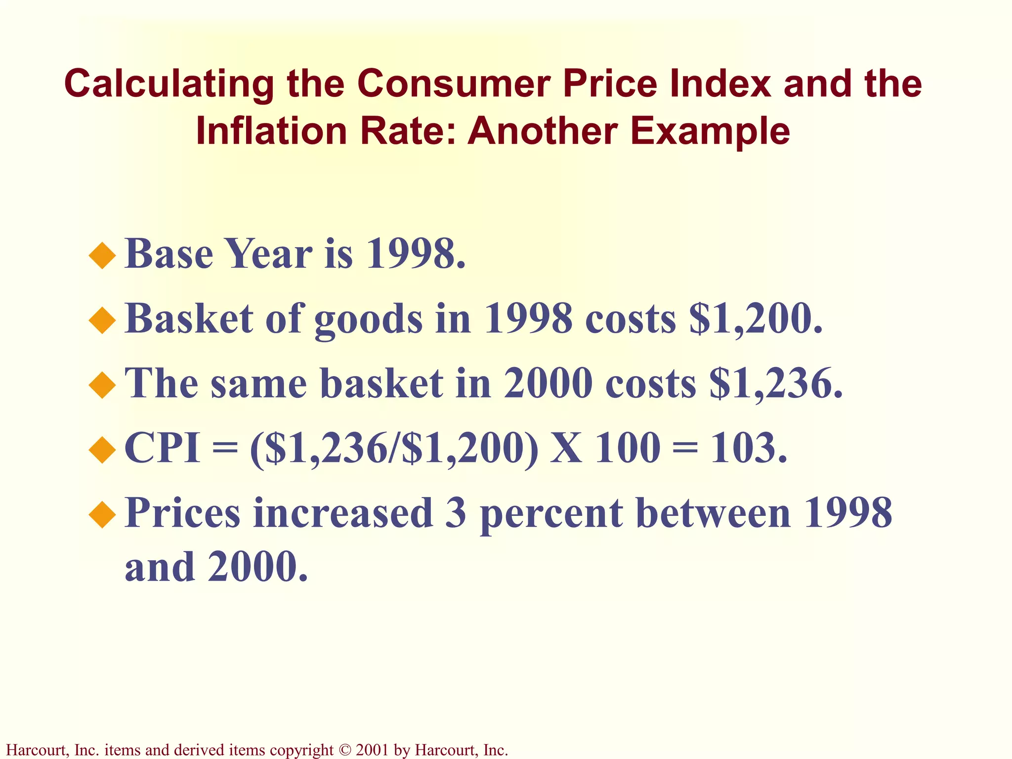 Harcourt, Inc. items and derived items copyright © 2001 by Harcourt, Inc.
Calculating the Consumer Price Index and the
Inflation Rate: Another Example
Base Year is 1998.
Basket of goods in 1998 costs $1,200.
The same basket in 2000 costs $1,236.
CPI = ($1,236/$1,200) X 100 = 103.
Prices increased 3 percent between 1998
and 2000.
 