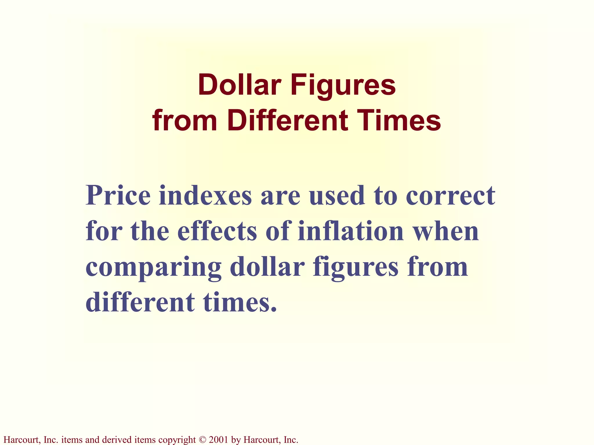 Harcourt, Inc. items and derived items copyright © 2001 by Harcourt, Inc.
Dollar Figures
from Different Times
Price indexes are used to correct
for the effects of inflation when
comparing dollar figures from
different times.
 