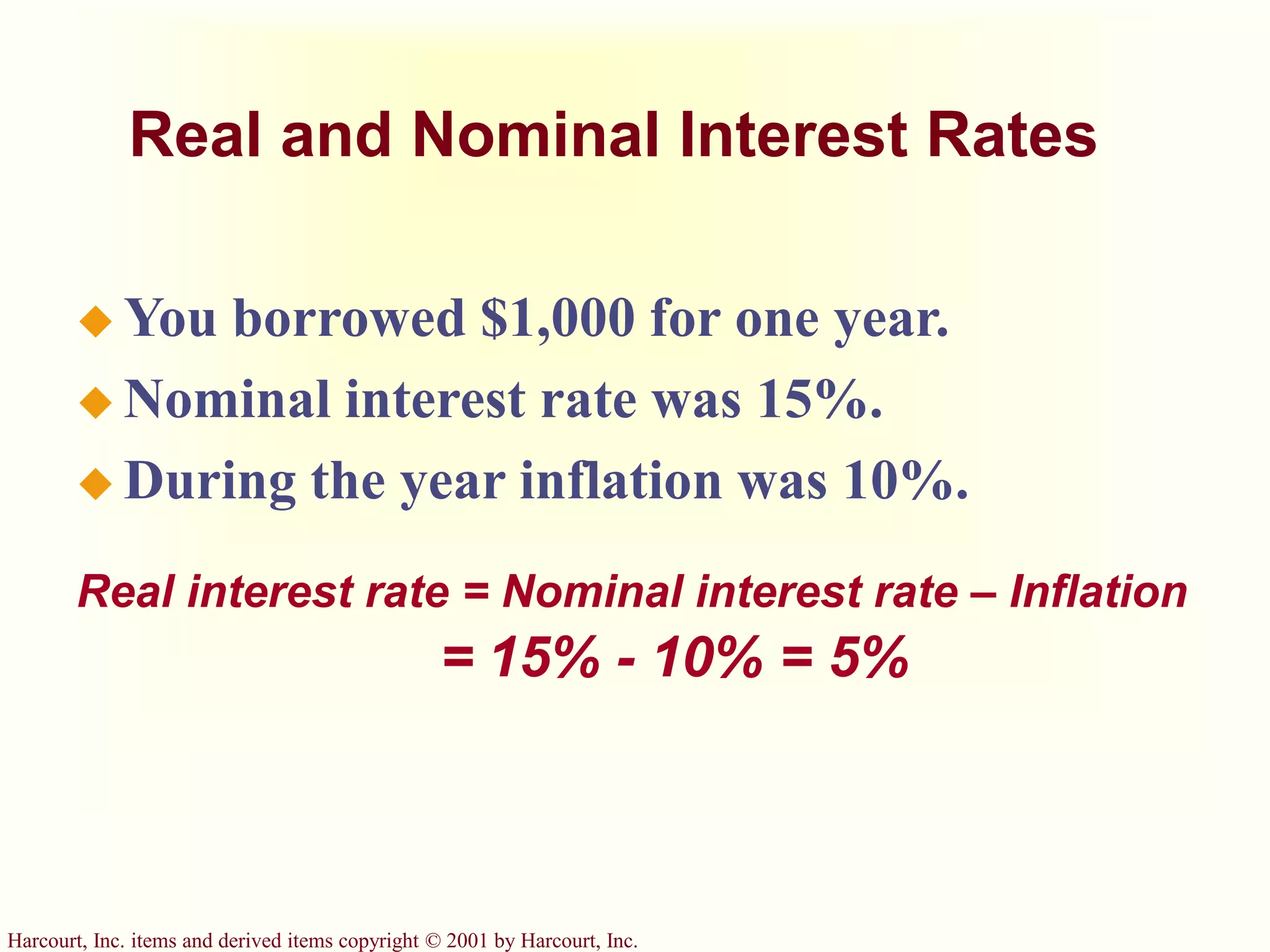 Harcourt, Inc. items and derived items copyright © 2001 by Harcourt, Inc.
Real and Nominal Interest Rates
 You borrowed $1,000 for one year.
 Nominal interest rate was 15%.
 During the year inflation was 10%.
Real interest rate = Nominal interest rate – Inflation
= 15% - 10% = 5%
 