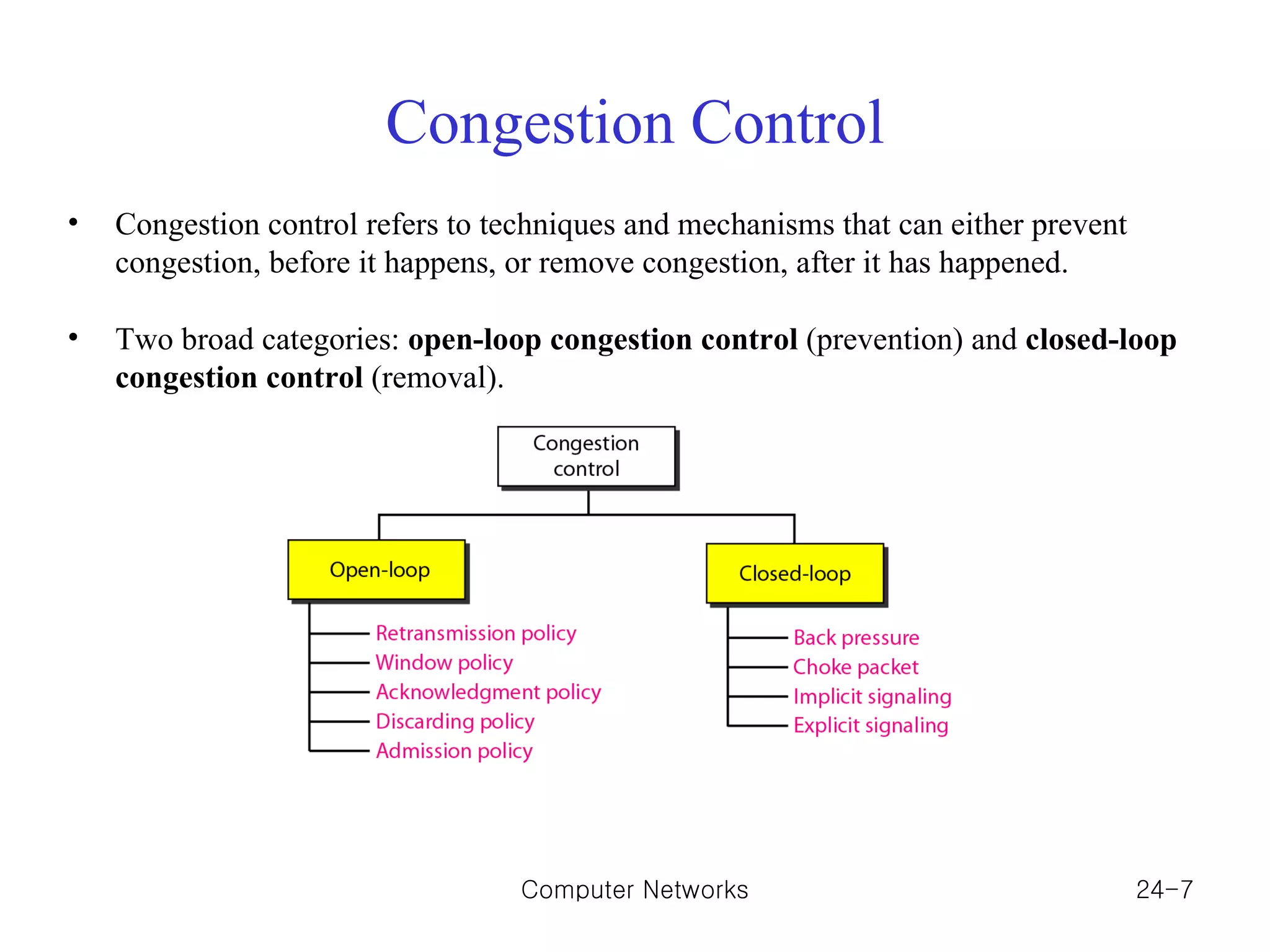 Congestion Control Congestion control refers to techniques and mechanisms that can either prevent congestion, before it happens, or remove congestion, after it has happened.  Two broad categories:  open-loop congestion control  (prevention) and  closed-loop congestion control  (removal). Computer Networks 24- 