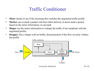Traffic Conditioner Meter  checks to see if the incoming flow matches the negotiated traffic profile Marker  can re-mark a packet with best-effort delivery or down-mark a packet based on the meter information; no up-mark Shaper  use the meter information to reshape the traffic if not compliant with the negotiated profile.  Dropper , like a shaper with no buffer, discard packets if the flow severely violates the profile Computer Networks 24- 