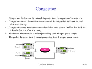 Congestion Congestion: the load on the network is greater than the capacity of the network Congestion control: the mechanisms to control the congestion and keep the load below the capacity Congestion occurs because routers and switches have queues- buffers that hold the packets before and after processing The rate of packet arrival > packet processing time    input queue longer The packet departure time < packet processing time    output queue longer Computer Networks 24- 