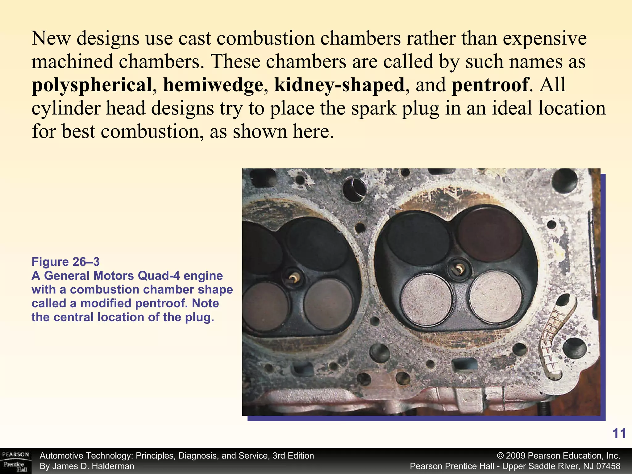 Figure 26–3 A General Motors Quad-4 engine with a combustion chamber shape called a modified pentroof. Note the central location of the plug. New designs use cast combustion chambers rather than expensive machined chambers. These chambers are called by such names as  polyspherical ,  hemiwedge ,  kidney-shaped , and  pentroof . All cylinder head designs try to place the spark plug in an ideal location for best combustion, as shown here. 